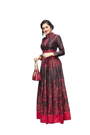 Be It A Party, Function Or Any Get Together, This Beautiful Gown Is Suitable For All, Grab This Designer Readymade Gown Is Wine Color Fabricated On Satin Silk Beautified With Contrasting Colored Thread Work. 