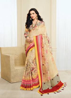 Rich And Elegant Looking Saree Is Here In Cream Color Paired With Cream Colored Blouse. This Saree And Blouse Are Fabricated On Jute Silk Beautified With Prints And Pom Poms. Buy Now.