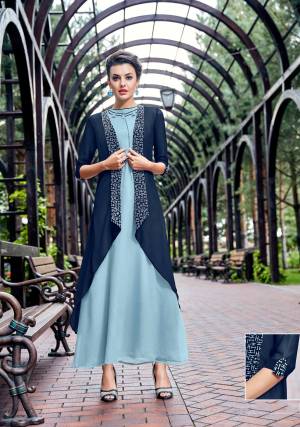 Grab This Beautiful Jacket Patterned Readymade Designer Kurti In Aqua Blue And Navy Blue Color Fabricated On Georgette Beautified With Thread Work. This Designer Kurti Will Earn You Lots Of Compliments From Onlookers.
