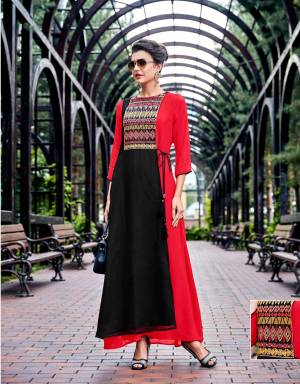 Adorn The Angelic Look Wearing This Evergreen Combination With This Readymade Designer Kurti In Red And Black Color Fabricated On Georgette Beautified With Thread Work.