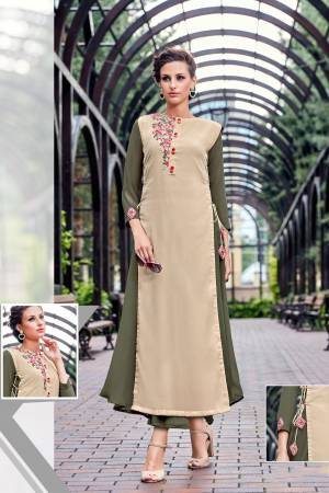 New And Unique Combination Is Here With This Desgner Readymade Kurti In Beige And Olive Green Color Fabricated On Georgette. This Double Layered Kurti Has Contrasting Thread Work Making The Kurti Attractive.