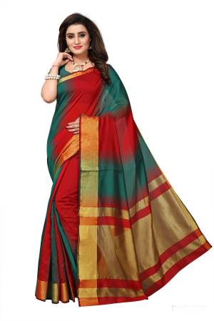 Shades Are In This Season, So Grab This shaded Saree In Teal Green And Red Color Paired With Teal Green Colored Blouse. This Saree Andn Blouse Are Fabricated On Cotton Silk Which Ensures Superb Comfort All Day Long.