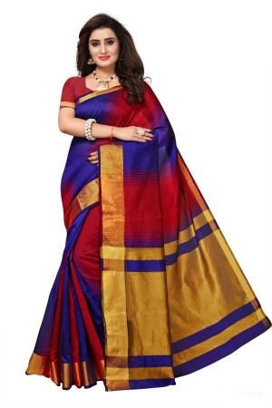 For Your Casual Wear, Grab This Attractive Saree In Royal Blue And Red Color Paired With Red Colored Blouse. This Saree And Blouse Are Fabricated On Cotton Silk Beautified With Prints. Buy This Saree Now.