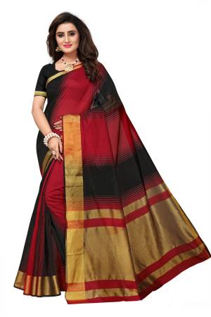 Evergreen Combination Is Here With This Saree In Red And Black Color Paired With Black Colored Blouse. This Saree And Blouse Are Fabricated On Cotton Silk Which Is Light Weight And Easy To Carry All Day Long.
