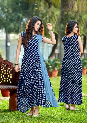 New And Unique Drape Patterned Readymade Kurti Is Here In Blue Color Fabricated On Georgette Beautified With Prints All Over It. Buy This Saree Now.