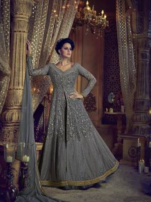 Flaunt Your Rich And Elegant Taste, Wearing This Designer Indo-Western Suit In Steel Grey Colored Top Paired With Steel Grey Colored Lehenga, Pants And Dupatta. Its Top And Dupatta are Fabricated On Net Paired With Art Silk Fabricated Lehenga And Pants. Buy This Suit Now.