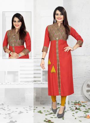 For Your Casual Wear, Grab This Pretty Readymade Kurti In Red Color Fabricated On Rayon. Its Fabric Is Soft Towards Skin And Eanures Superb Comfort All Day Long. Buy It Now.