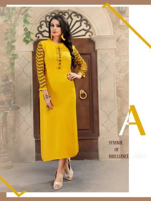 Attract All Wearing This Bright And Lovely Kurti In Yellow Color Fabricated On Rayon. It Is Available In All Regular Sizes. Its Fabric Is Soft Towards Skin And Easy To Carry All Day Long. Buy This Readymade Kurti Now.