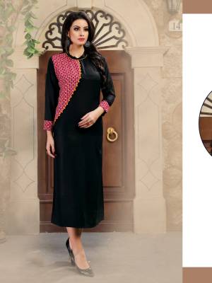 For A Bold And Beautiful look, Grab This Designer Readymade Kurti In Black Color Fabricated Rayon. This Kurti Is Available In All Regular Sizes. Also It Ensures Superb Comfort All Day Long. Buy Now.