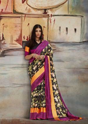 For A Bold And Beautiful Look, Grab This Saree In Black Color Paired With Black Colored Blouse. This Saree Is Fabricated On Nylon Art Silk  Beautified With Floral Prints, Paired With Brocade Fabricated Blouse. This Saree Is Light Weight And Easy To Carry All Day Long.