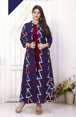 Grab This Pretty Readymade Designer Kurti In Blue And Maroon Color Fabricated On Cotton. This Kurti Is Beautified With Simple Prints Over The Jacket. This Kurti Is Light In Weight And Easy To Carry All Day Long. Buy This Pretty Kurti Now.