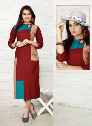 Rich And Elegant Looking Designer Readymade Kurti Is Here In Maroon Color Fabricated On Rayon Cotton Beautified With Embroidered Patch Work. Buy This Kurti Now.