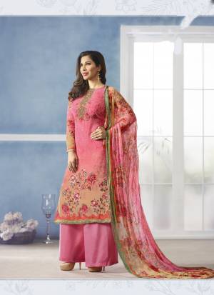 Look Pretty Wearing This Designer Suit In Pink Color Paired With Pink Colored Bottom And Dupatta. Its Top Is Fabricated On Georgette Paired With Santoon Bottom And Chiffon Dupatta. Get This Semi-stitched Suit Tailored As Per Your Desired Fit And Comfort.