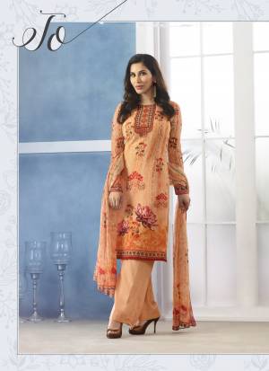 Add This Pretty Semi-Stitched Suit To Your Wardrobe In Light Orange Color paired With Light Orange Colored Bottom And Dupatta. Its Top Is Fabricated On Georgette Paired With Santoon And Chiffon Dupatta. This Suit Is Light In Weight And Easy To Carry All Day Long. 