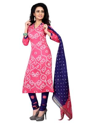 Look Pretty Wearing this Casual Suit In Pink Colored Top Paired With Contrasting Blue Colored Bottom And Dupatta. This Dress Material Is Fabricated On Satin Cotton Beautified With Bandhani Prints. It Is Light Weight And Easy To Carry All Day Long. 