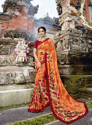 Orange & Red Color Induces Perfect Summery Appeal To Any Outfit, So Grab This Pretty Saree In Orange Color Paired With Contrasting Red Colored Blouse. This Saree Is Fabricated On Georgette Paired With Art Silk fabricated Blouse. Buy This Saree Now.