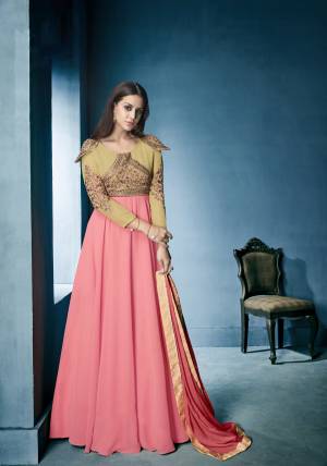 You Will Definitely Earn Lots Of Compliments Wearing This Designer Floor Length Suit In Pink And Beige Color Paired With Pink colored Bottom And Dupatta. Its Top Is Fabricated On Georgette Paired With Santoon Bottom And Chiffon Dupatta. Buy Now.
