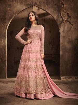 Look Pretty Wearing This Deeigner Floor Length Suit In Pink Color Paired WithPink Colored Bottom And Dupatta. Its Top Is Fabricated Net Beautified With Heav Embroidery Paired With Santoon Bottom And Chiffon Dupatta. All Its Fabrics Ensures Superb Comfort All Day Long. Buy Now.