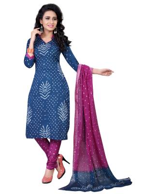 Enhance Your Perosnality Wearing This Printed Suit In Blue Colored Top Paired With Contrasting Magenta Pink Colored Bottom And Dupatta. This Dress Material Is Fabricated On Satin Cotton Beautified With Bandhani Prints All Over. Get This Stitched As Per Your Desired Fit And Comfort.
