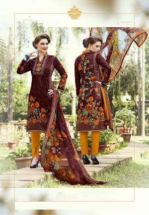 For Your Casual wear, Grab This Dress Material In Maroon Colored Top Paired With Orange Colored Bottom And Maroon Dupatta. Its Top And Bottom Are Fabricated On Cotton Paired With Chiffon Dupatta. It Has Pretty Bold Floral Prints. Buy Now.