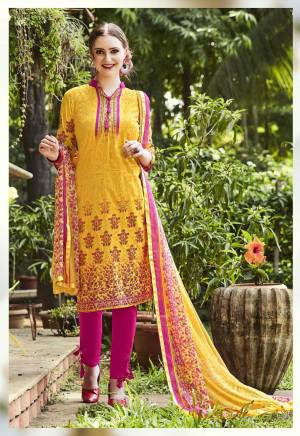 Attract All Wearing This Pretty Attractive Dress Material In Yellow Colored Top Paired With Contrasting Pink Colored Bottom And Yellow Colored Dupatta. Its Top And Bottom are Fabricated On Cotton Paired With Chiffon Dupatta. Buy This Now.