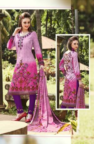 Shades Gives A Lovely And Attractive Look To Your Personality, Grab This Dress Material In Shaded Pink Colored Top Paired With Purple Colored Bottom And Pink Colored Dupatta. Its Top And Bottom Are Fabricated On Cotton Paired With Chiffon Dupatta. Buy This Dress Material Now.