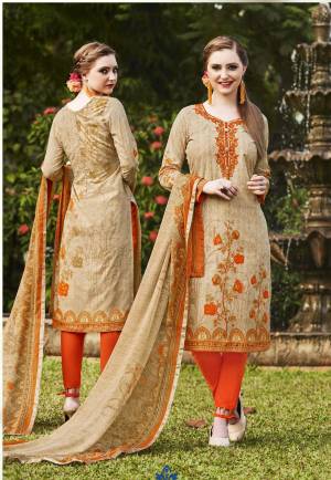 Simple and Elegant Looking Dress Material Is Here For Your Casual Wear In Beige Colored Top Paired With Orange Colored Bottom And Beige Colored Dupatta. Its Top And Bottom are Fabricated On Cotton Paired With Chiffon Dupatta. Buy Now.