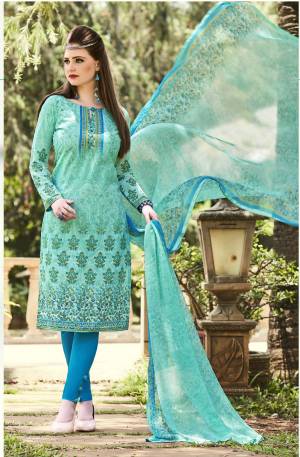 If Those Readymade Suit Does Not Lend You The Desired Comfort Than Grab This Dress material In Turquoise Blue Colored Top Paired With Blue Colored Bottom And Turquoise Blue Colored Dupatta. Get This Stitched As Per Your Desired Fit And Comfort.
