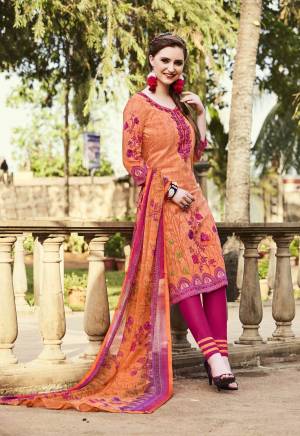 Bright And Visually Appealing Color Is Here with This Printed Dress Material In Orange Colored Top Paired With Contrasting Pink Colored Bottom And Orange Colored Dupatta. Its Top And Bottom Are Fabricated On Cotton Paired With Chiffon Dupatta. Also Its Fabrics Ensures Superb Comfort all Day Long. Buy Now.