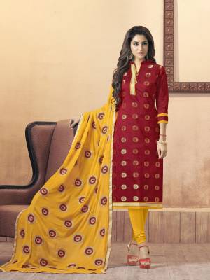 Attract All With This Bright Color Pallete Wearing This Straight Suit In Maroon Colored Top Paired With Contrasting Yellow Colored Bottom And dupatta. Its Top Is Fabricated On Silk Jacquard Paired With Cotton Bottom And Chiffon Dupatta. Get This Dress Material Now.