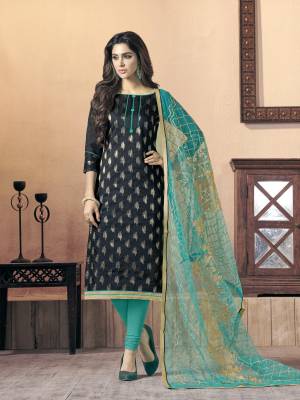 Rich And Elegant Looking Straight Suit Is Here In Navy Blue Colored Top Paired With Turquoise Blue Colored Bottom And Dupatta. Its Top Is Fabricated On Silk Jacquard Paired With Cotton Bottom And Net Dupatta. Its all Three Fabrics Ensures Superb Comfort All Day Long.