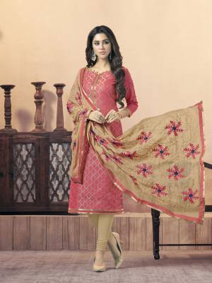 Add This Pretty Suit For Your Casual Or Semi-Casual Wear In Pink Colored Top Paired With Beige Colored Bottom And Dupatta. Its Top Is Fabricated On Silk Jacquard Paired With Cotton Bottom And Chiffon Dupatta. It Is Light Weight And Easy To carry All Day Long.