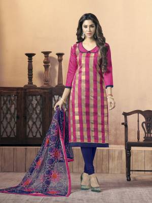 Bright And Visually Appealing Colors Are Here With This Suit In Dark Pink Colored Top Paired With Contrasting Dark Blue Colored Bottom And Dupatta. Its Top Is Fabricated On Silk Jacquard Paired With Cotton Bottom And Chiffon Dupatta. Buy This Dress Material Now.