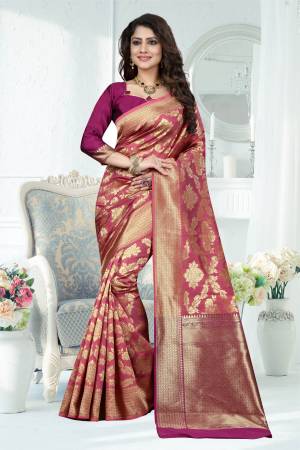 Look Pretty Wearing This Saree In Dusty Pink Color Paired With Magenta Pink Colored Blouse. This Saree Is Fabricated On Banarasi Art Silk Paired With Art Silk Fabricated Blouse. Buy Now.