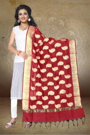 Give your ethnic look a fresh touch with this pretty Maroon coloured dupatta. This lovely Work Dupatta will look great with your suit or kurti . The Banarasi Silk material is soft & comfortable to carry as its lightweight. 