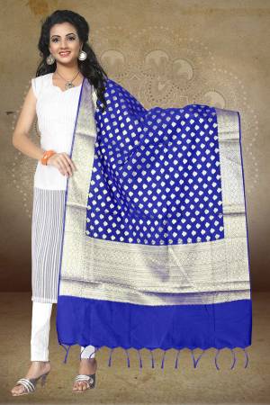 Give your ethnic look a fresh touch with this pretty Royal Blue coloured dupatta. This lovely Work Dupatta will look great with your suit or kurti . The Banarasi Silk material is soft & comfortable to carry as its lightweight. 
