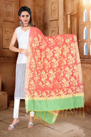 Give A Pure Traditional Look With This Lovely Dark Peach Colored Dupatta Fabricated On Banarasi Art Silk, This Dupatta Can Be Paired With Any Contrasting Colored Kurti Or Suit.