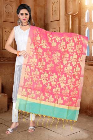 Give your ethnic look a fresh touch with this pretty Pink coloured dupatta. This lovely Work Dupatta will look great with your suit or kurti . The Banarasi Silk material is soft & comfortable to carry as its lightweight. 