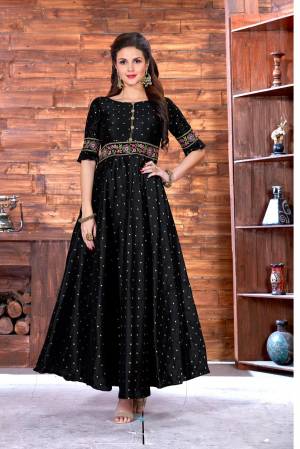Adorn A Bold And Beautiful Look Wearing This Designer Floor Length Readymade Gown In Black Color Beautified With Jari And Multi Colored Thread Work. This Gown Ensures Superb Comfort All Day Long. 