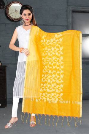 Give your ethnic look a fresh touch with this pretty Yellow coloured dupatta. This lovely Work Dupatta will look great with your suit or kurti . The Banarasi Silk material is soft & comfortable to carry as its lightweight.