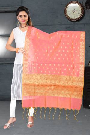 Look Even More Pretty Pairing Your Simple Kurti With This Peach Colored Dupatta Fabricated On Banarasi Art Silk Beautified With weave All Over It. This Dupatta IS Light Weight And Easy To Carry All Day Long.