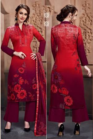 Here Is An Attractive Colored Dress Material In Red And Maroon Colored Top Paired With Maroon Colored Bottom And Dupatta. This Dress Material Is Fabricated On Cotton Paired With Chiffon Dupatta. Buy Now.
