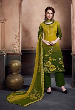 Go With The Shades Of Green With This Shaded Suit In Pear Green And Dark Green Colored Top And Dupatta Paired With Dark Green Colored Bottom. This Dress Material Is Fabricated On Cotton Paired With chiffon Dupatta. Buy Now.