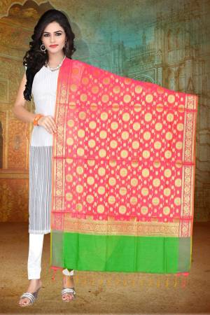 Give A Pretty Glam Look To Your Personality, Adding It With This Lovely Pink Colored Dupatta. It Is Fabricated On Banarasi Art Silk Beautified With Weave. Pair It With Any Contrasting Colored Suit Or Kurti.