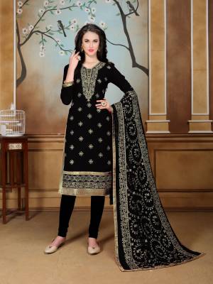 For A Bold And Beautiful look, Grab This Designer Straight Cut Suit In Black Color Paired With Black Colored Bottom And Dupatta. Its Top Is Fabricated On Georgette Paired With Santoon Bottom And Chiffon Dupatta. Buy This Semi-Stitched Suit Now.