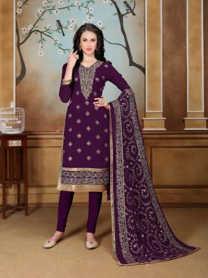 Add This Lovely Color To Your Wardrobe With This Designer Straight Suit In Purple Color. This Semi-Stitched Suit Is Fabricated On Georgette Paired With Santoon Bottom And Chiffon Dupatta. It Has Heavy Jari Embroidery Over Its Top And Dupatta.