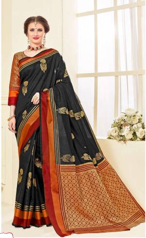 For A Bold and Beautiful Look, Grab This Saree In Black Color Paired With Maroon And Gold Blouse. This Saree Is Fabricated On Art Silk Paired With Brocade Fabricated Blouse. Buy This Silk Saree Now.