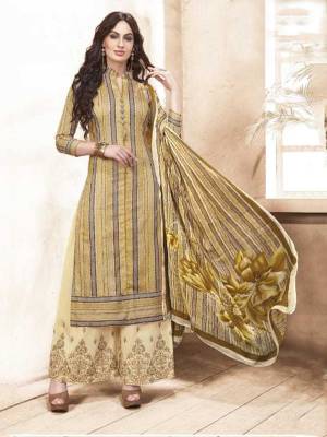 Flaunt Your Rich and Elegant Taste Wearing This Designer Semi-Stitched Suit In Beige Color. Its Top Is Fabricated On Silk Cotton Paired With Satin Cotton Bottom And Chiffon Dupatta. It IS Light Weight And easy To Carry All Day Long. Buy Now.
