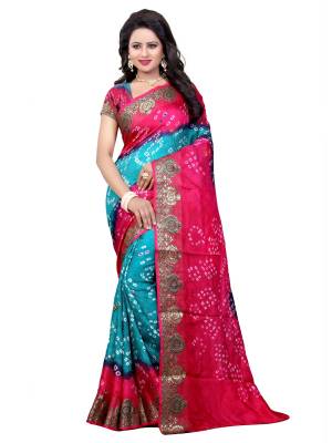 Attract All Wearing This Saree In Pink And Blue Color Paired With Pink Colored Blouse. This Saree and Blouse Are Fabricated On Art Silk Beautified with Bandhani Prints And Weave Over The Border. Thiis Saree Is Light Weight And Easy To Carry All Day Long.