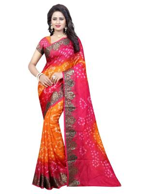 Shine Bright Wearing This Saree In Pink And Orange Color Paired With Pink Colored Blouse. This Saree and Blouse Are Fabricated On Art Silk Beautified with Bandhnai Prints all Over. Buy This Saree Now.